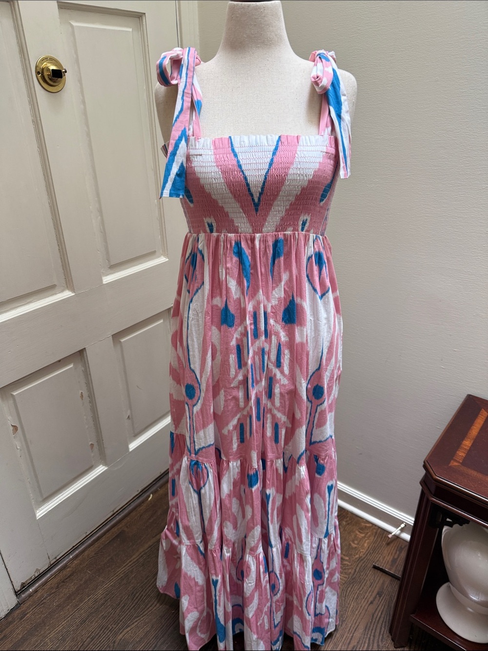 Pink & Blue Tie-Shoulder Maxi Dress